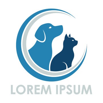 Blue dog and cat logo with crescent shape design element icon