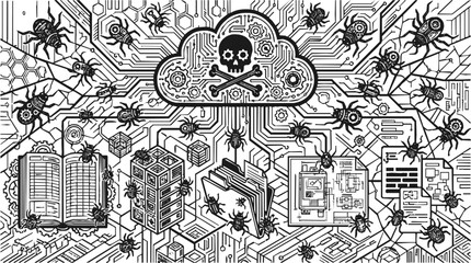 Fototapeta premium A complex cyber security illustration showing malware and virus bugs attacking a digital cloud and sensitive data on a circuit board background.