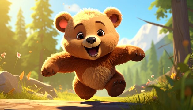 A cheerful cartoon bear running outside.