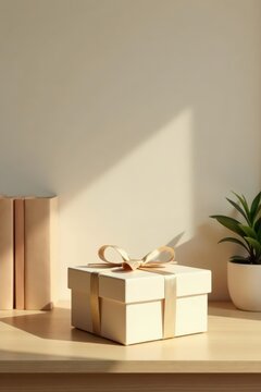 A delicately wrapped gift box with a golden ribbon sits on a light wooden surface, next to a stack of books and a potted plant, bathed in warm sunlight.