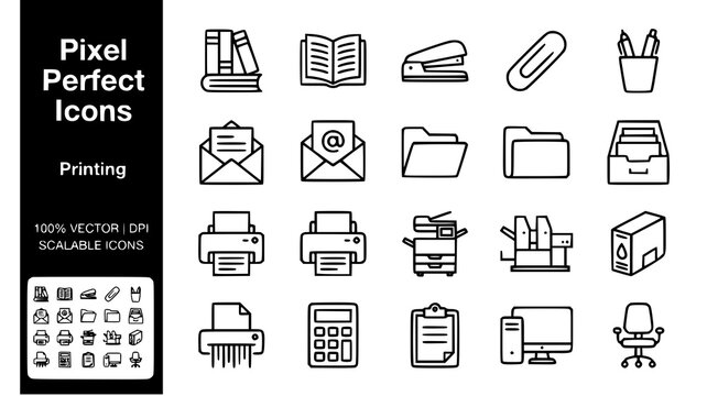 Pixel perfect office and printing vector icon collection with printing business document
