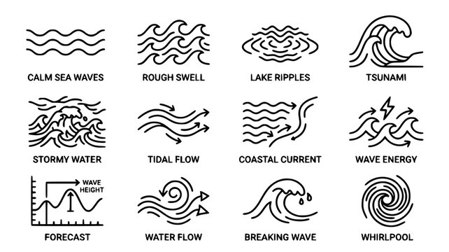 Ocean and water movement linear icon set with collection forecast whirlpool movement abstract
