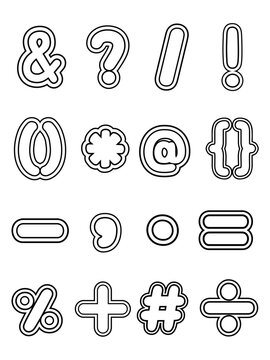 Cute bubble outline punctuation marks and math symbols icon set isolated on white background, perfect for educational design, children book, and typography poster