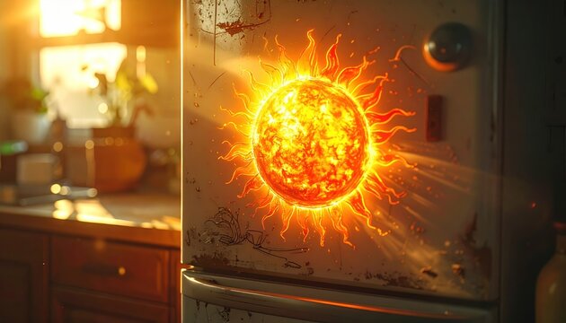 A stylized sun, ablaze with light, is affixed to a rustic, old refrigerator