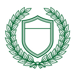 Fototapeta premium A green line of a classic heraldic shield framed by a detailed laurel wreath, featuring clean lines and a symmetrical composition, isolated on a white background, for versatile use