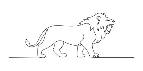 Continuous single line drawing of a roaring lion standing profile view © Das