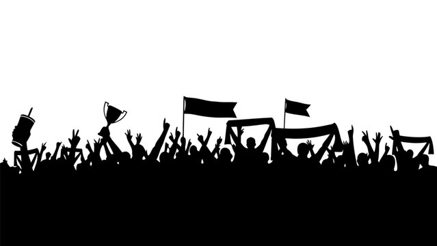 A large crowd of people are gathered with flags and banners waving enthusiastically outside.