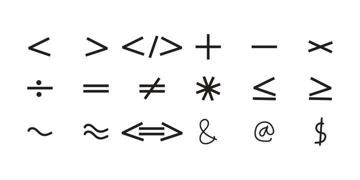 Minimalist math symbols and punctuation icons, 18 black vector mathematical signs for education, professional arithmetic and algebra calculation symbols on white background