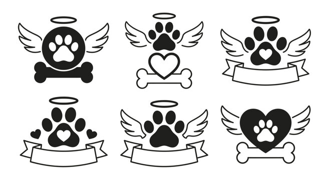 A collection of six graphic icons featuring stylized paw prints with angelic wings halos bones hearts and banners dog cat pet animal love symbol design illustration cute simple