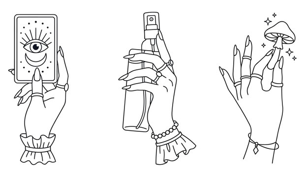 Three elegantly drawn hands are featured one holding a tarot card with an eye and moon design another with a spray bottle and the third with a small mushroom crystal magic