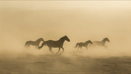 Fototapeta premium Herd of Wild Horses Running Through Dusty Plains at Sunset.