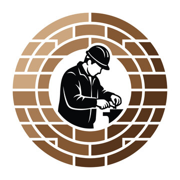 Man in hard hat building with bricks in circular pattern icon