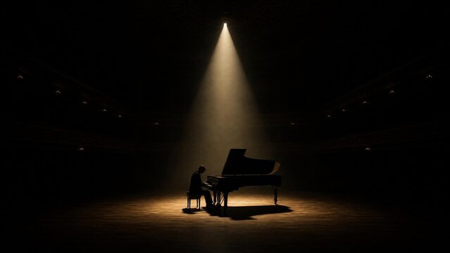 pianist. Spotlight on a grand piano and pianist silhouette in an empty concert hall. event programs, museum guides, designed for cultural heritage projects and event programs.