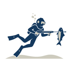 Scuba diver in full gear shooting a large fish with a speargun underwater  ocean hunting icon © Kuddus