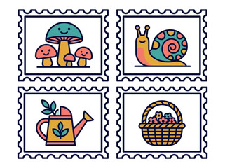 Obraz premium Retro Garden Postage Stamp Set with Cute Mushrooms Snail Watering Can and Flower Basket