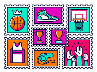 Basketball Theme Postage Stamp Vector Illustration Featuring Sports Icons like Sneaker, Trophy, and Hoop © Afifah