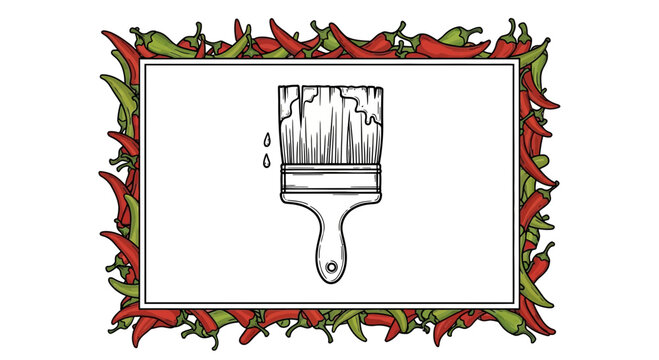 Hand-drawn paintbrush with dripping paint, framed by chili peppers, artistic concept
