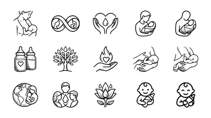 Fototapeta premium Newborn Care Icons: Breastfeeding, Family, Love, Protection, and Growth Symbols