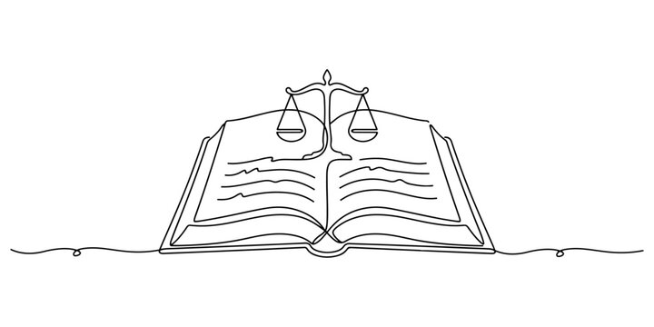 Illustration of open law textbook displaying a subtle scale of justice icon above the page, hand drawn outline vector illustration.
