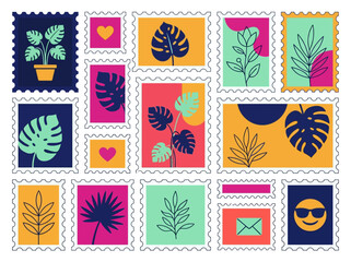 Colorful Collection of Tropical Botanical Postage Stamps with Monstera and Palm Leaf Illustrations © Afifah