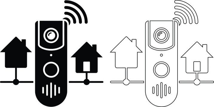 Smart wireless video doorbell icon set with WiFi signal, home security intercom camera, house alarm and modern automation device in black outline vector style