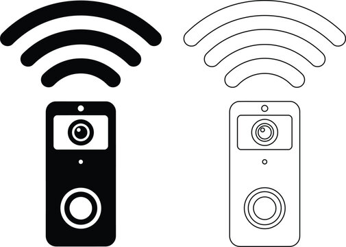Smart wireless video doorbell icon set with WiFi signal, security intercom camera and modern home automation device in black outline vector style isolated