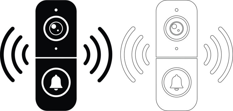 Vector icon set of a smart video doorbell ringing with wifi signal waves representing home security and wireless surveillance in solid black silhouette and line outline styles.