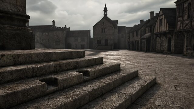 indentations. Empty ancient market square with stone steps showing indentations where a pillory once stood. event programs, museum guides, designed for cultural heritage projects and event programs.