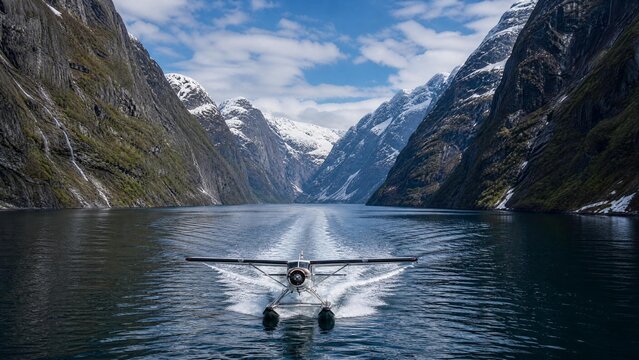 floatplane. A floatplane taking off from a narrow fjord surrounded by snow-capped mountains. mobility guides, transit brochures, designed for mobility and urban transit guides, used by ui designers.