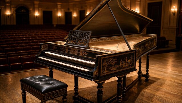 harpsichord. A harpsichord on a stage with gleaming strings and empty seats. event programs, museum guides, designed for cultural heritage projects and event programs, supports education.