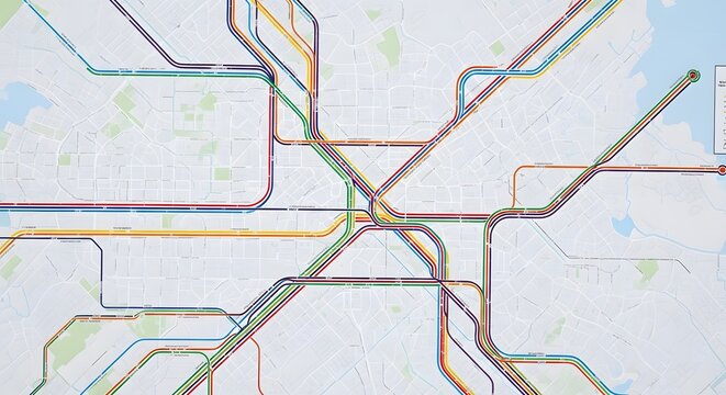 Abstract colorful transit map showing intersecting metro and subway lines in urban network design.