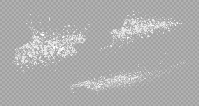 Sugar or salt powder piles set isolated on transparent background. Vector realistic illustration of white dry substance scattered on surface, ground food seasoning,