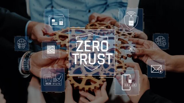 Engaging image illustrating the Zero Trust cybersecurity model with hands around gears and various security icons showcasing collaboration in modern technology. Raster