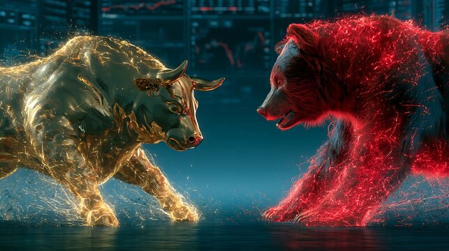 Massive golden bull facing giant red bear, stock market battle, bullish versus bearish trend, digital trading screens, financial volatility concept,