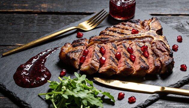 Grilled t bone steak sliced and served with sauce