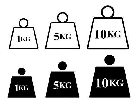 Black and white of weight plates labeled 1kg 5kg and 10kg kilogram scale measurement