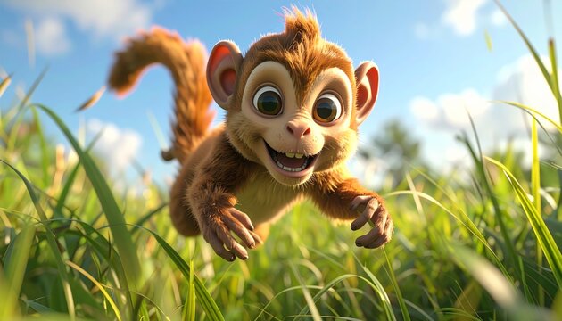 A cartoon monkey jumping in green grass.