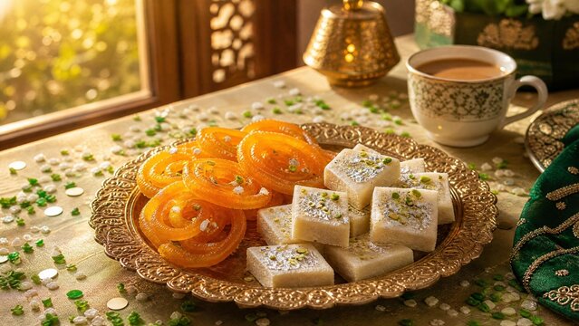 jalebi. Golden jalebi and white barfi on festive plate, edible confetti, chai cup, Pakistani sweets celebration concept for Independence Day. event programs.