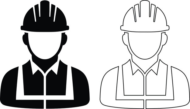 Construction worker and engineer hard hat icon set showing safety helmet, vest, silhouette and outline avatar vector illustration isolated on white background