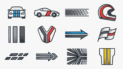 Naklejka premium Modern Racing and Motorsport Iconography Collection Featuring Cars Helmets Flags and Symbols with high professional line art symbols for modern creative design and digital branding projects
