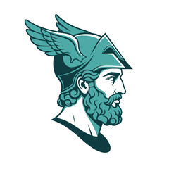 Profile portrait of the greek god hermes wearing a winged helmet, rendered in a teal and dark blue style on white © dipu