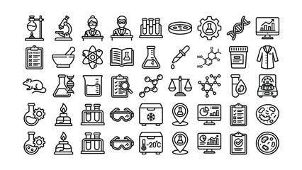 Fototapeta premium Laboratory equipment icons and tools for science research and medical experiments in flat line style various apparatus and symbols