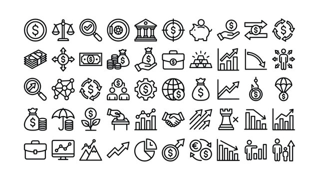 Black and white line icons of business and finance concepts  money and investment symbols