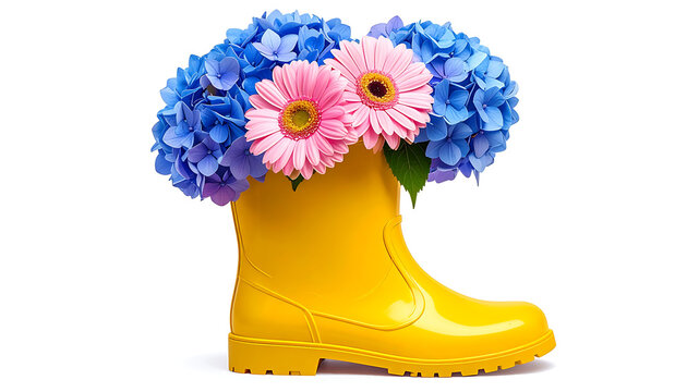 Yellow rubber rain boot used as a vase for blue hydrangea and pink gerbera daisy flowers.