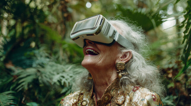 A stylish 70-year-old woman with silver hair wearing high-tech VR goggles and laughing, but she&acirc;&euro;&trade;s in a lush botanical garden, contrast of nature and tech. 