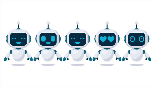 AI agent illustration, 3D robot chatbot mascot collection, digital smart character with futuristic cute eyes, communication assistant face showing different emotions, artificial intelligence vector ic