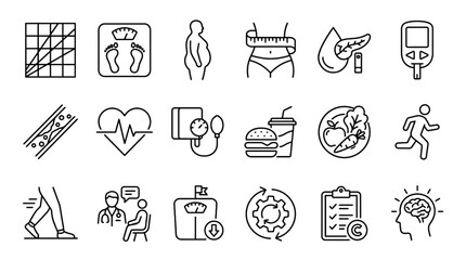 Naklejka premium Obesity Health Risks Line Icon Set with BMI Scale Diabetes Cholesterol Blood Pressure Nutrition and Wellness Outline Symbols
