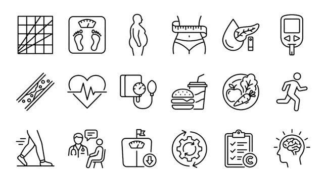 Obesity Health Risks Line Icon Set with BMI Scale Diabetes Cholesterol Blood Pressure Nutrition and Wellness Outline Symbols