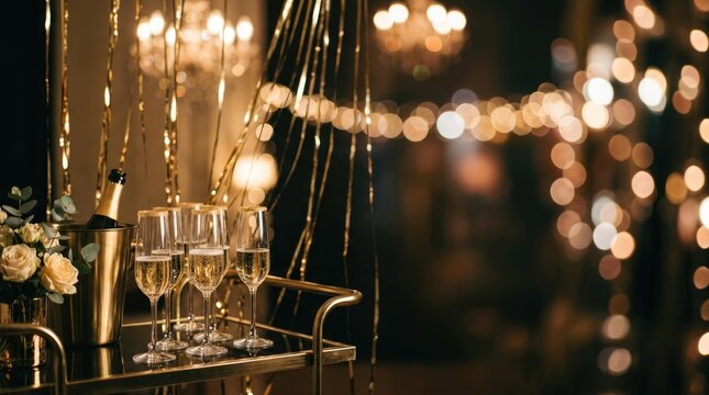 A champagne bottle and glasses sit on a gold tray, surrounded by shimmering gold strands and bokeh lights. A bouquet of roses adds a touch of elegance to the scene.