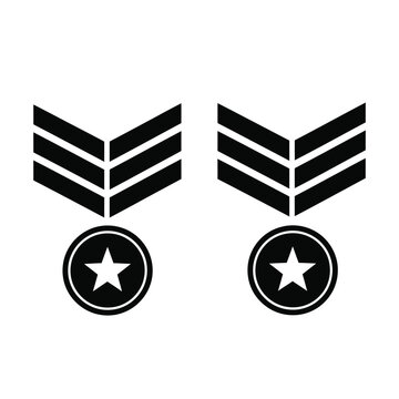 Military rank insignia featuring three chevrons above a circle containing a five pointed star in solid black on a white background
